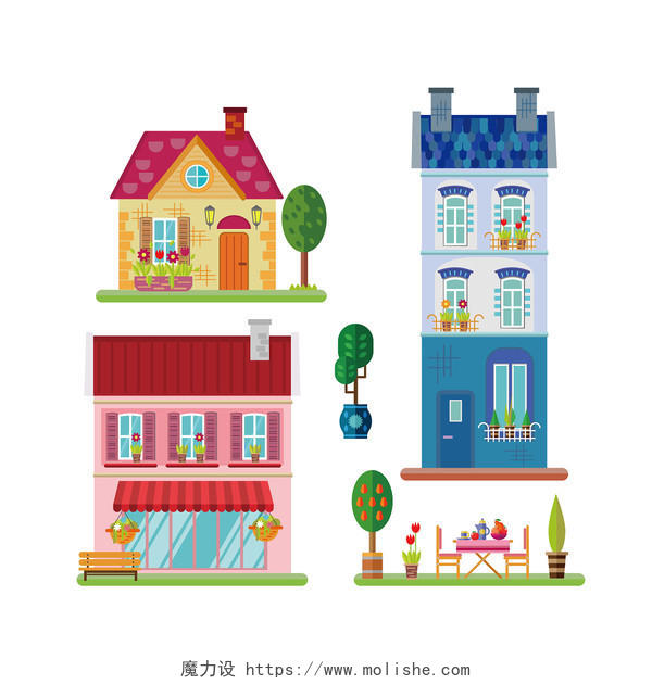 彩色卡通手绘建筑房子大楼楼房房屋矢量元素PNG素材